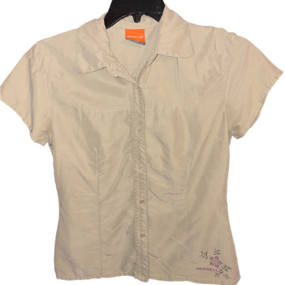 Merrell Tan Short Sleeve Fitted Button Down Shirt Size Medium